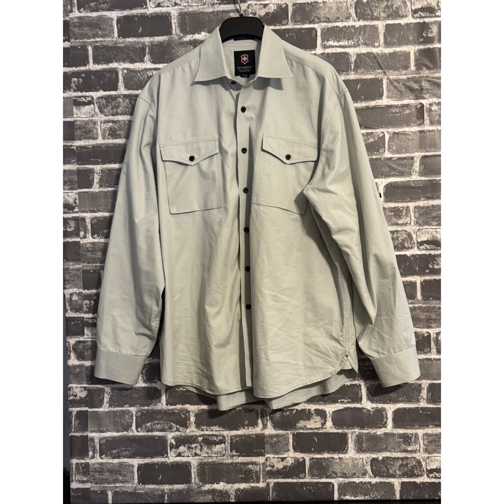 Victorinox Mens Button Up Shirt XL Light Khaki Roll Tab Long Sleeve 2 Pocket